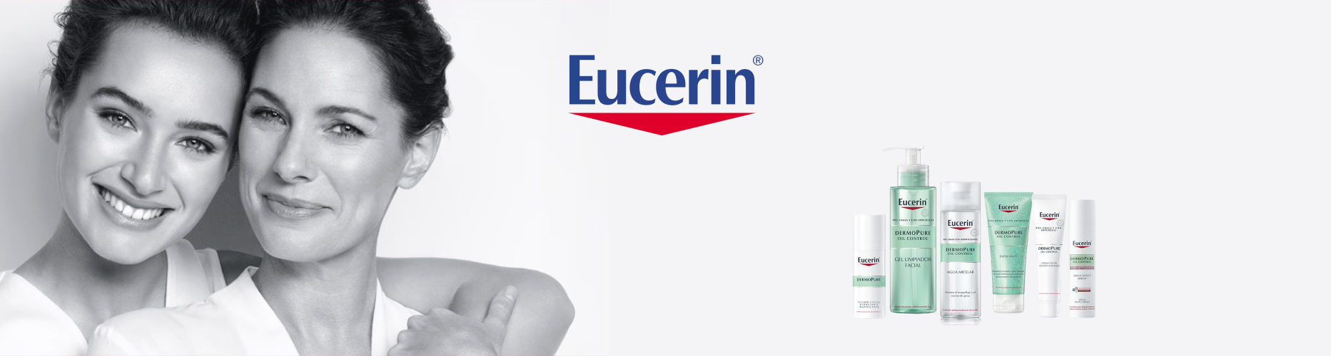 Banner de la marca Eucerin, salen 2 mujeres y unos cuantos productos de lamarca.